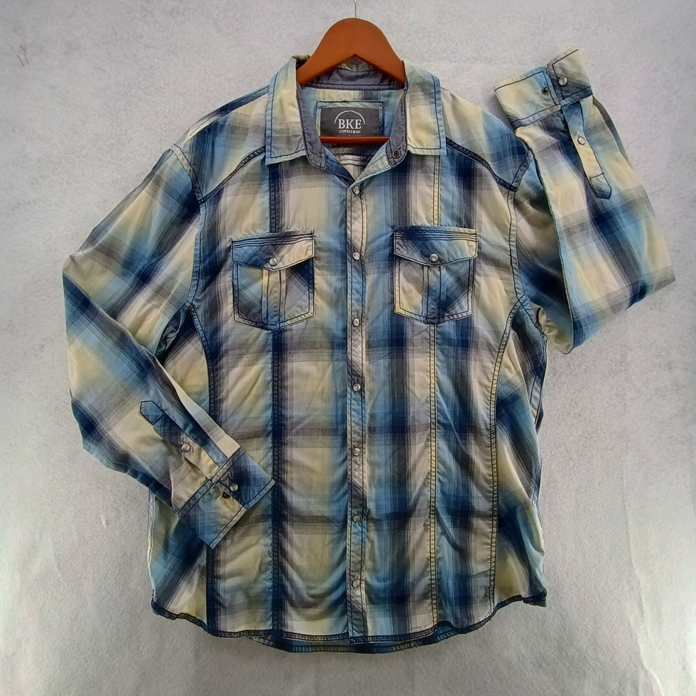 BKE Mens Relaxed Fit Plaid Pearl Snap Western Shirt Blue Cream Long Sleeve Sz L